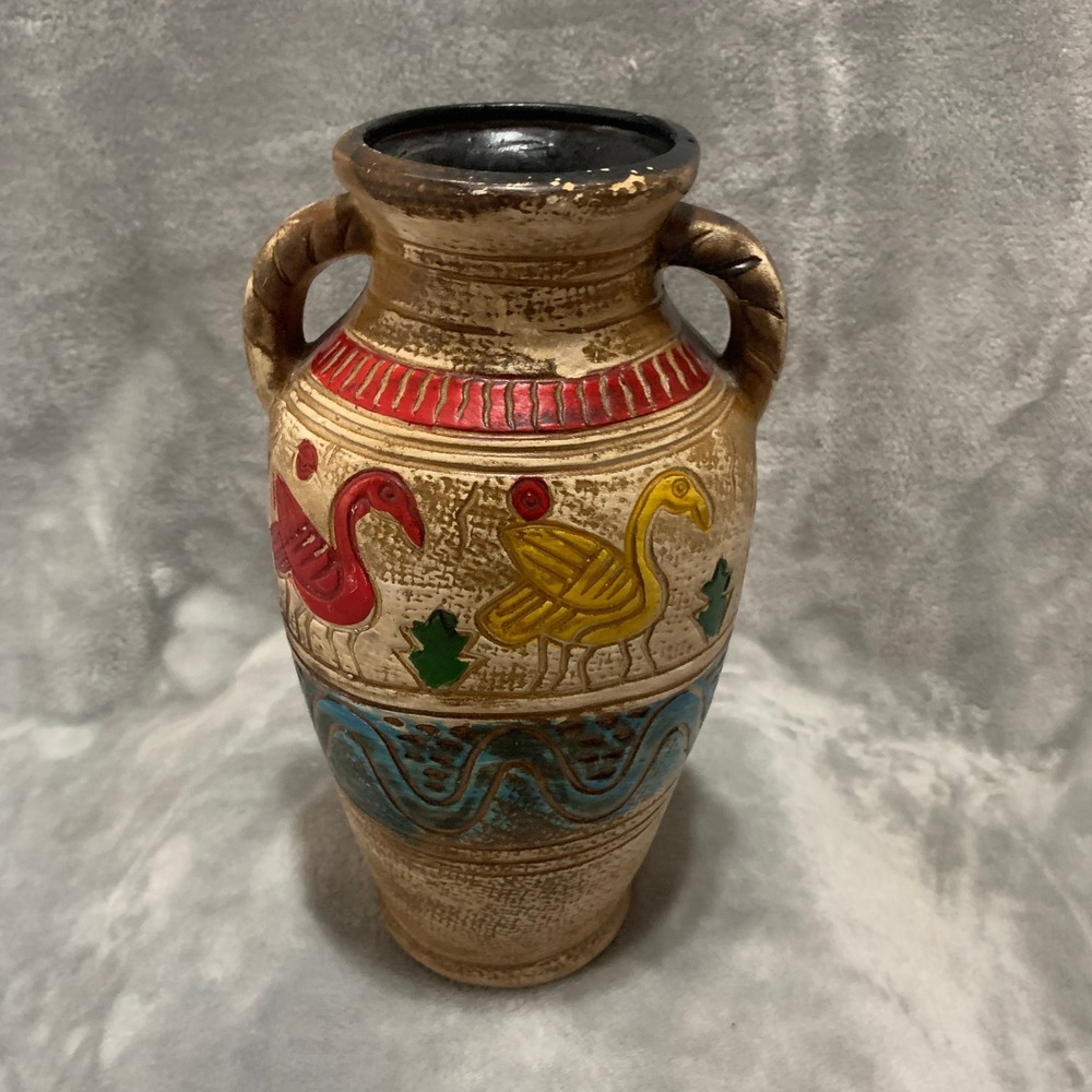 Vintage Style Faux Pottery Plastic Decorative Vase Bird Motif Tan Multi